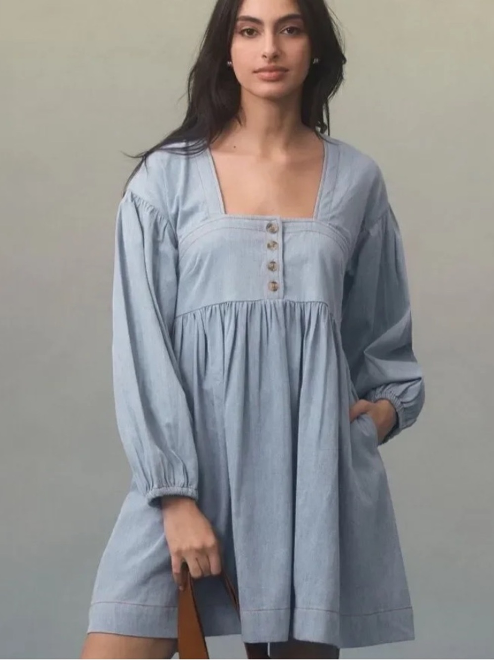 Anthropologie Light Blue Denim Babydoll long sleeve Tunic Dress